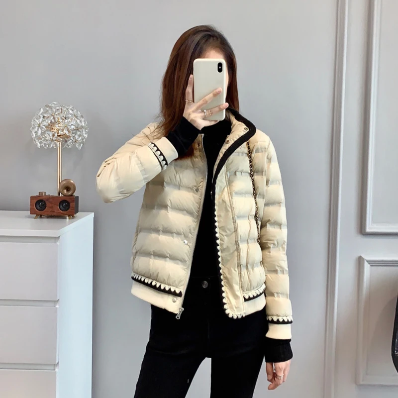 Thick Warm Snow Parkas Winter Female White Duck Down Coats Women Stand Collar Zipper Lace Solid Color Jackets Short Outerwear