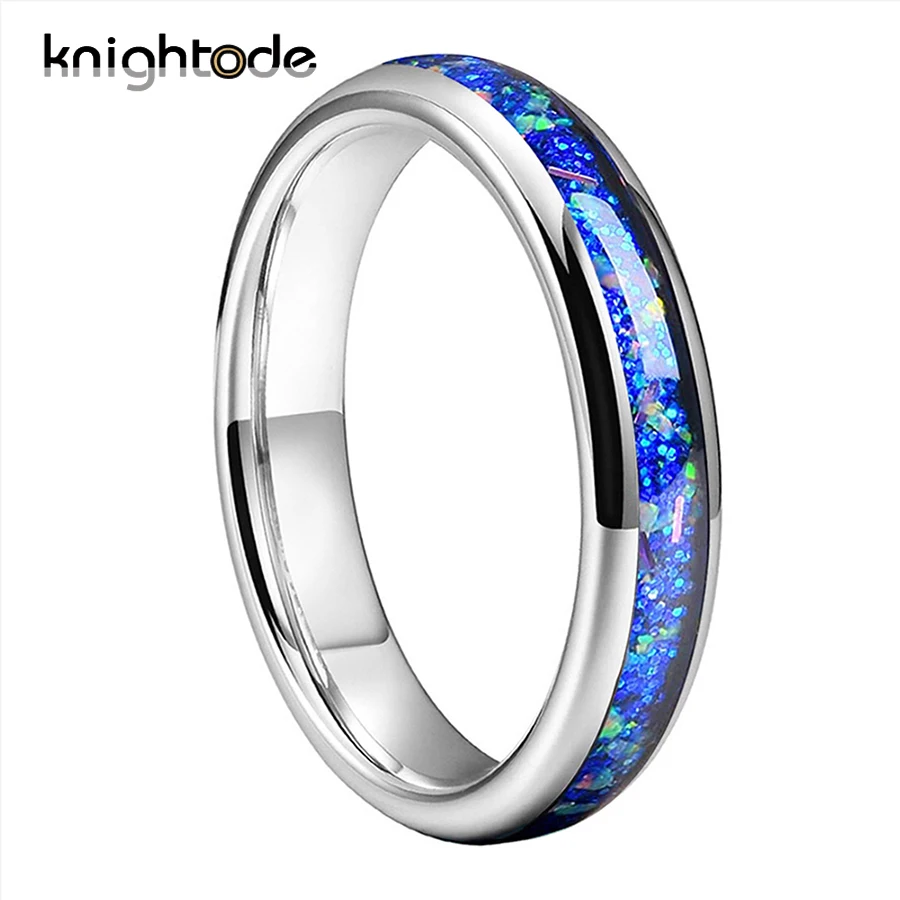 

4mm Wedding Band Sivlery/Black 2 Colors Tungsten Carbide Ring With Blue Opal Inlay Domed Polished Shiny Comfort Fit