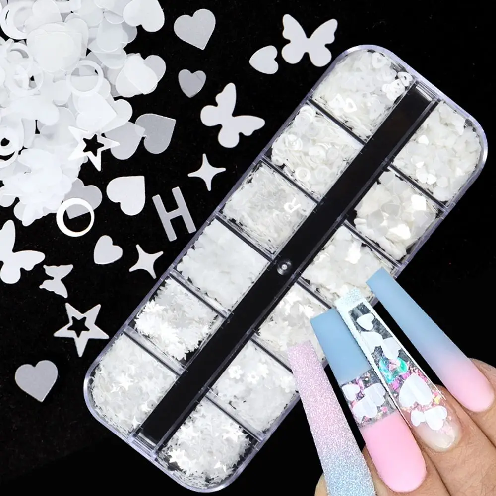 

Pure White Nail Art Sequins Mixed Love Heart Butterfly Letter Slice Flake For DIY Manicure Design Nails Decoration Accessories