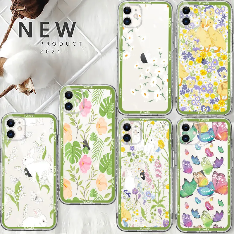 

Pale Green Flower Animals Ducks Rabbits Clear Case For iPhone 14 13 12 11 Pro Max 13 12 Mini XS Max XR X 7 8 6 6S Plus Cover