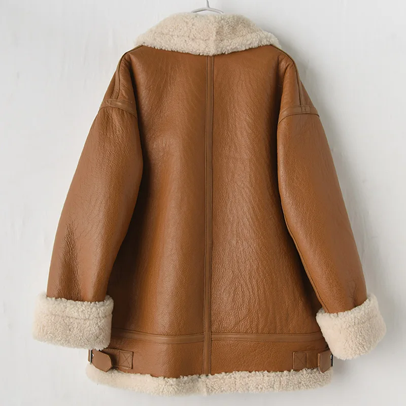 2023 New Spring Women's Leather Jacket Double Face Lamb Fur Lining Thick Coat Sheepskin Leather Long Jackets DJ3905