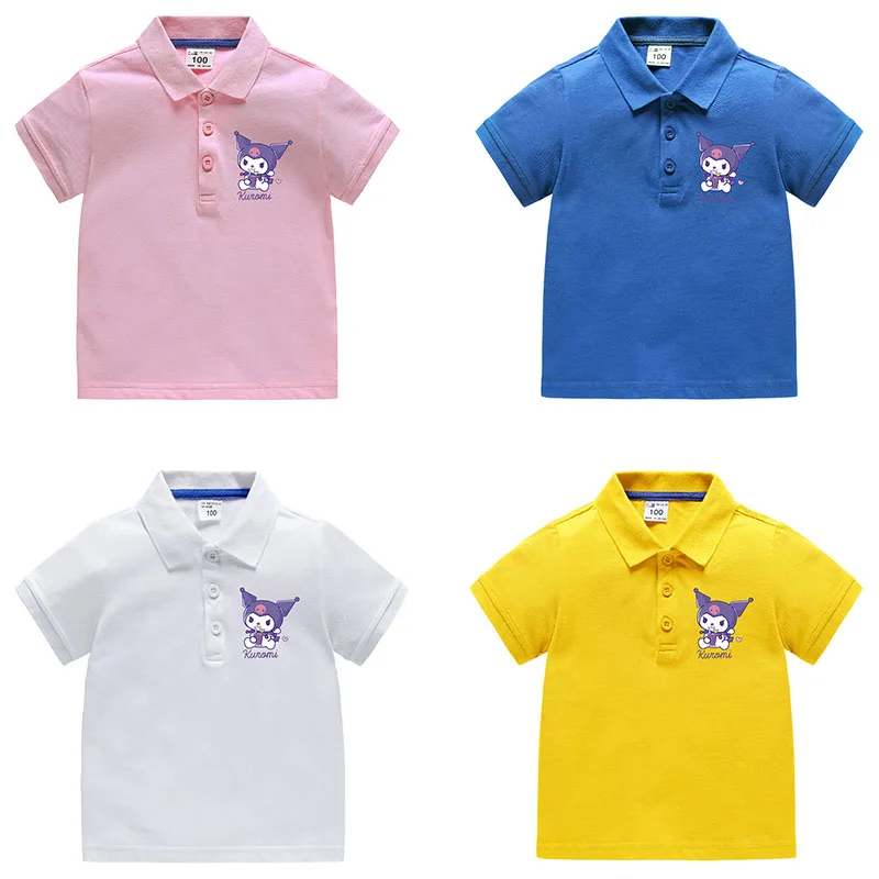 

Новинка, рубашка-поло Sanrio Kawali Kuromi, футболка с коротким рукавом, хлопковая мягкая удобная одежда с лацканами, подарок на день рождения, игрушки для детей