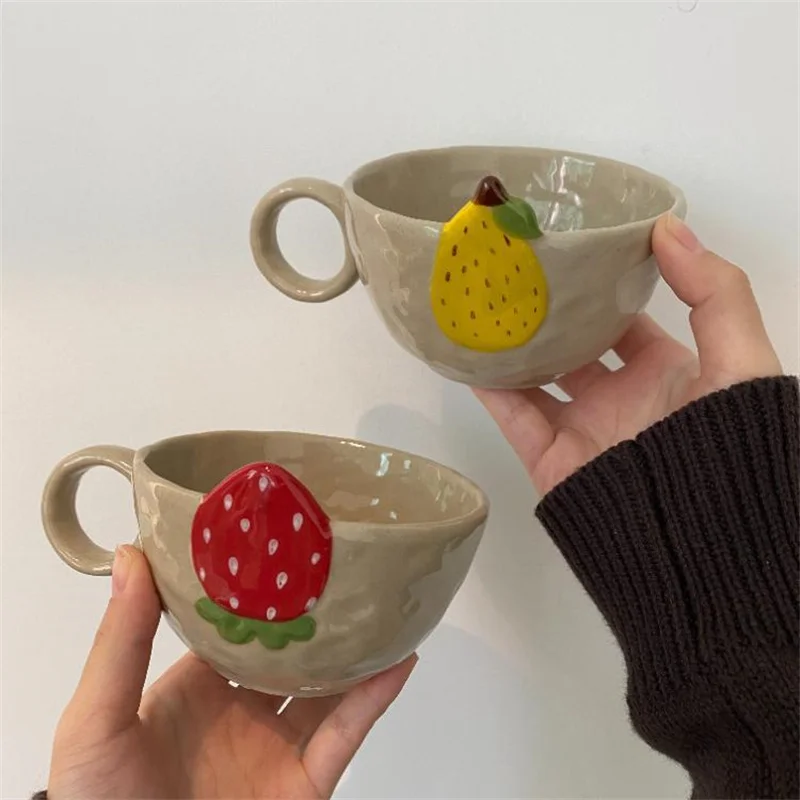 

Ins style three-dimensional fruit ceramic mug with high appearance and retro home breakfast milk cup coffee cup lovers cup
