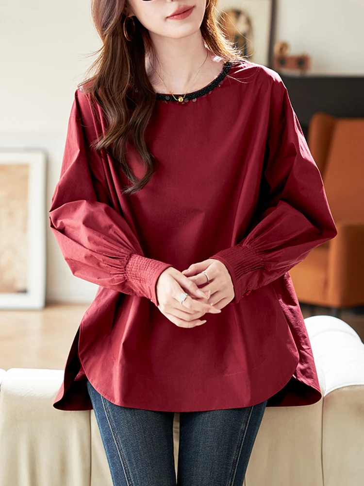 Baoshili круглый вырез с бусинами свободные красные рубашки для женщин осень и зима