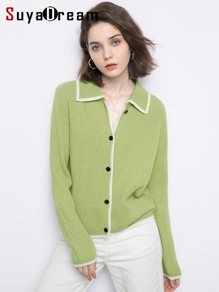

SuyaDream 100%Merino Wool Chic Cardigans 2022 Fall Winter Turn Down Collar Ribs Sweaters Green Mocha Grey Zipper Jackets