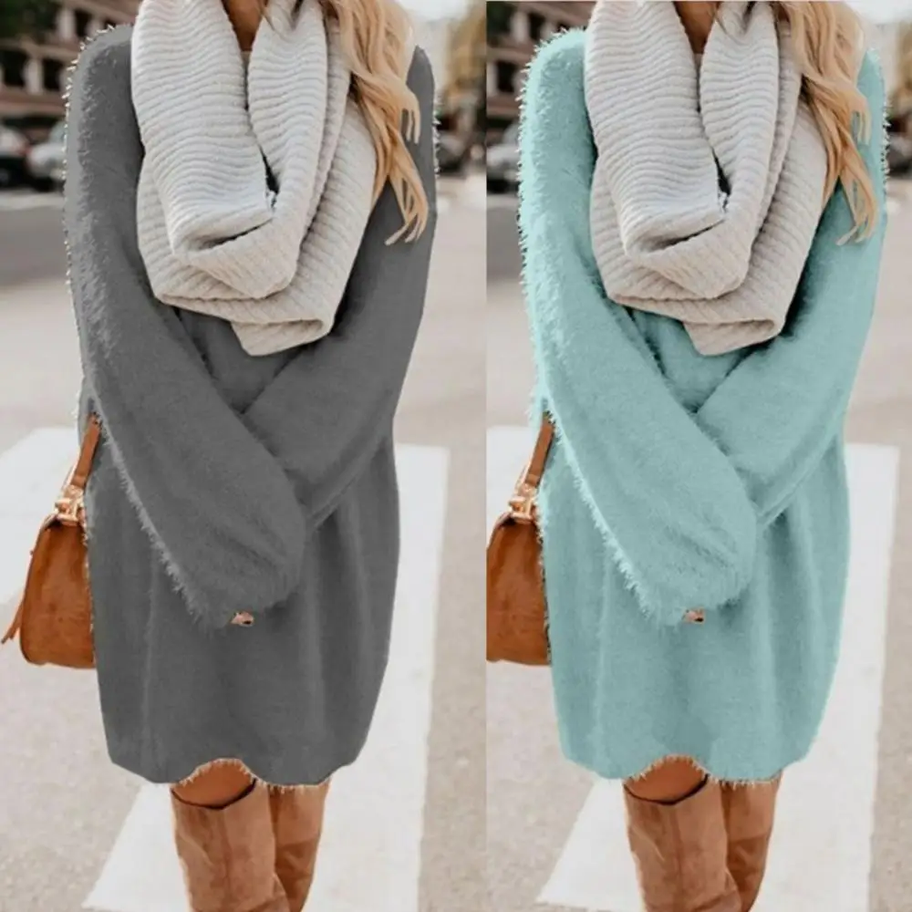 

2020 Chic Women Autumn Solid Color O Neck Sweater Fluffy Loose Knee-length Dress O Neck Sweater Fluffy Loose Knee-length Dress
