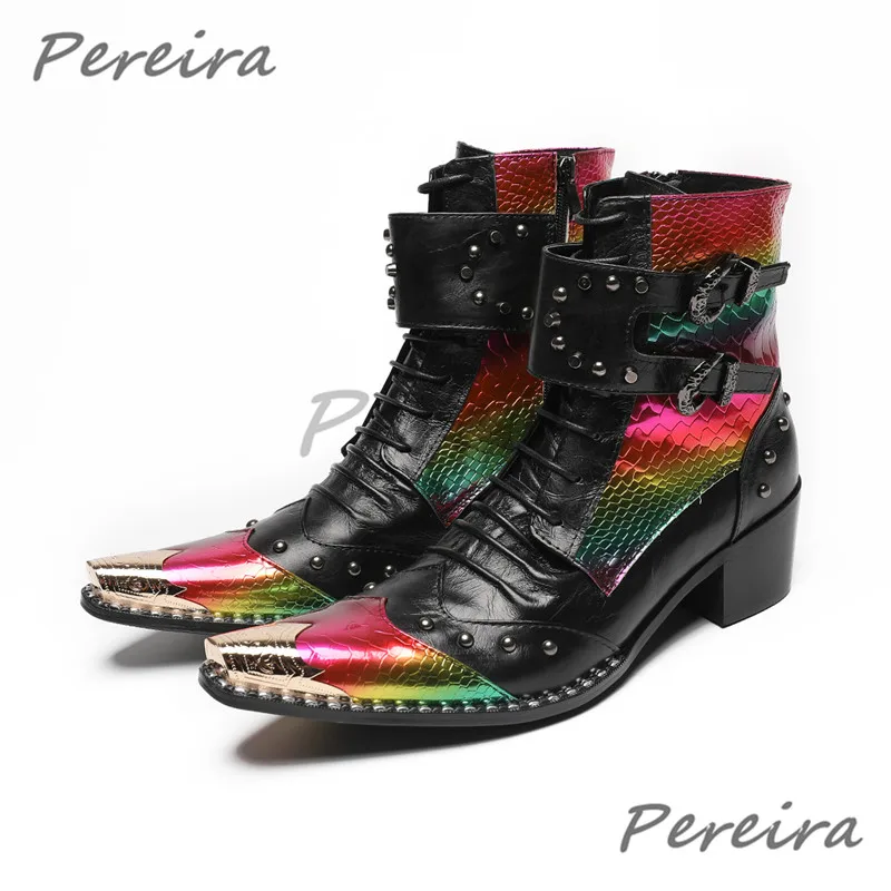 Красочные мужские ботинки из лакированной кожи с двойной пряжкой и заклепками в