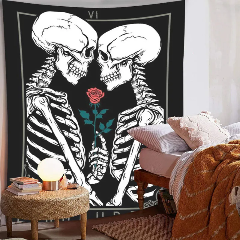 

Lovers Skulls Flower Tapestry Trippy Room Dorm Living Room Decor Black Esotericism Printing Hippie Art Home Valentine's Day Gift