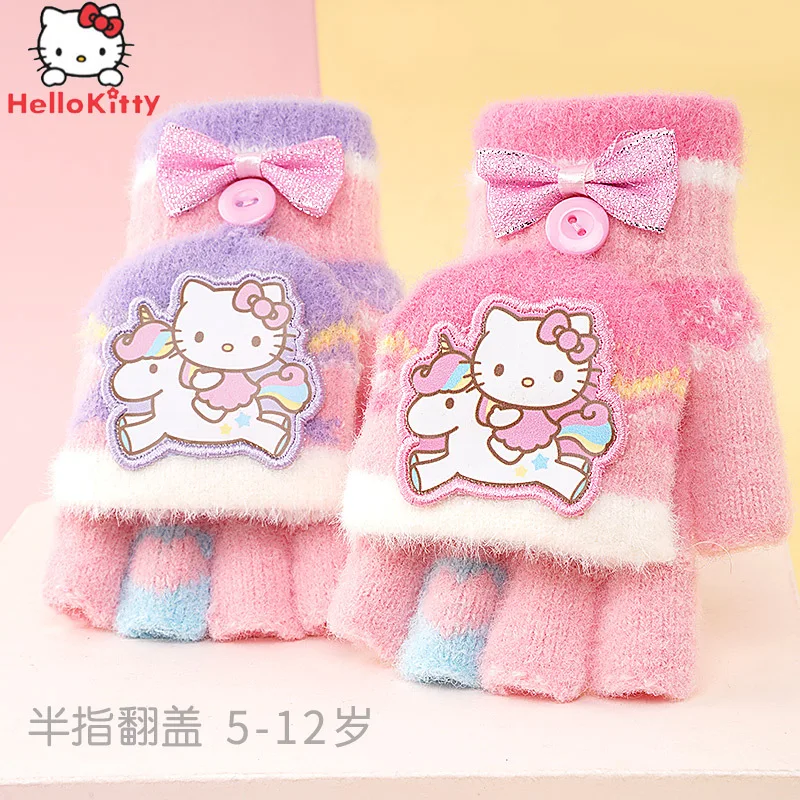 

Sanrio HelloKitty Autumn and Winter Children's Gloves Half Finger Flip Cover Student Writing Warm Baby Cartoon Fingerless Gloves