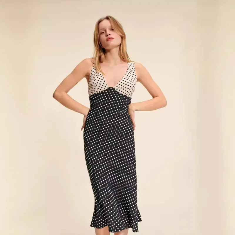 Французский Ro Home 2024 летнее оригинальное тканевое черно-белое платье в горошек с