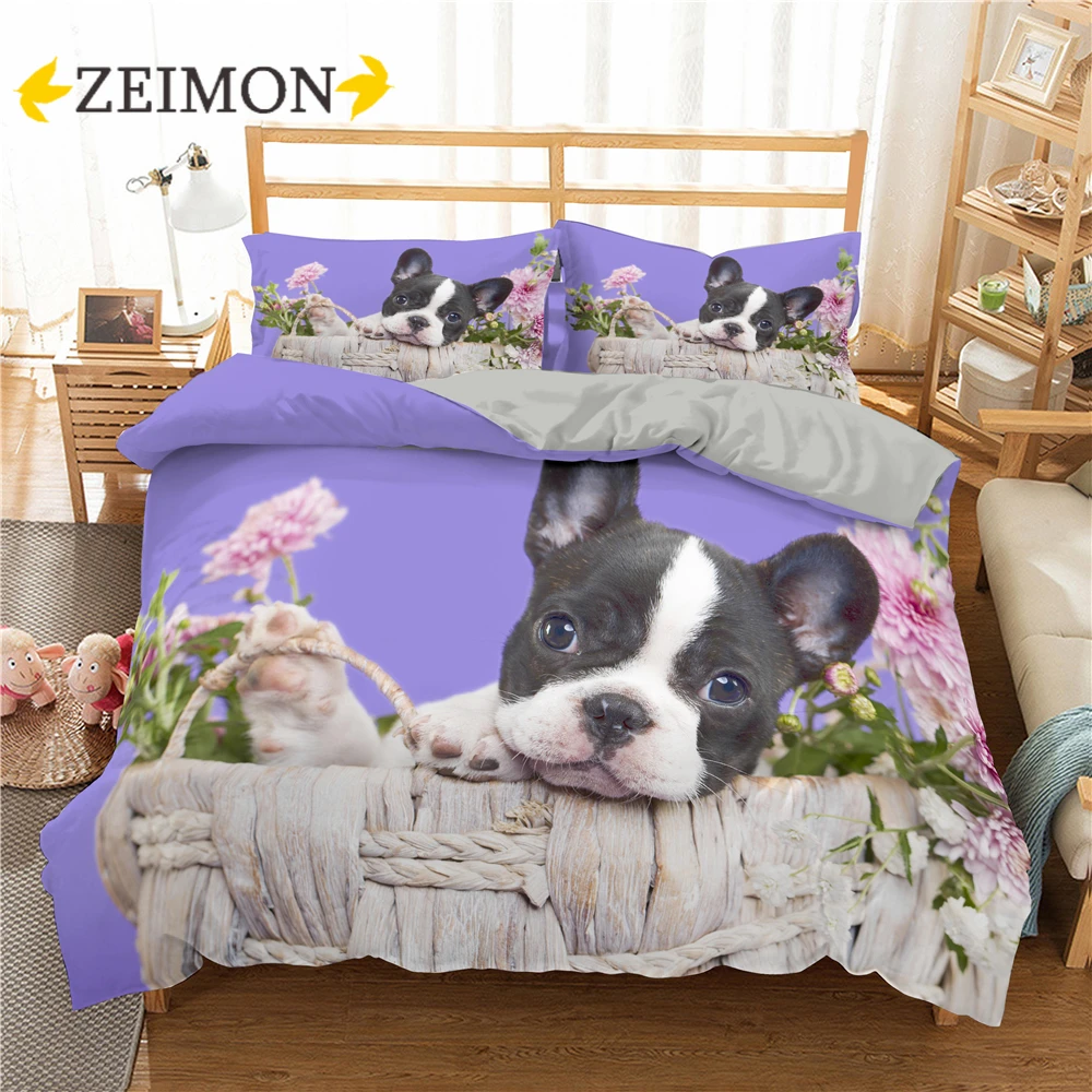 

ZEIMON Bulldog Bedding Set Pet Puppy Dog Polyester Duvet Cover Set Cartoon Bedclothes Animal Printed Home Textiles for Girls