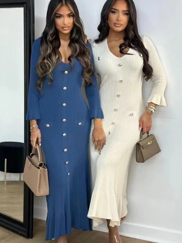 Элегантные вязаные Макси-Платья на пуговицах для женщин сексуальное облегающее