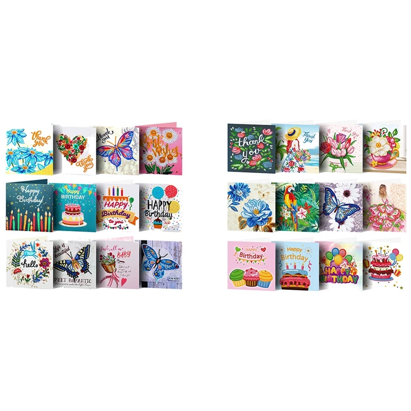 

ABHU 12Pcs/Set DIY Diamond Painting Greeting Cards 5D Cartoon Birthday Postcards Kids Festival Embroidery Greeting Cards