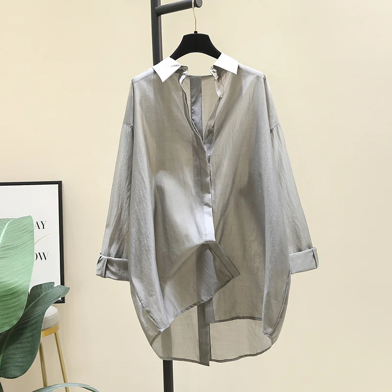 

SuperAen Gray Thin Silk Sunscreen Shirt Women's Summer 2023 New Loose Shirt Top
