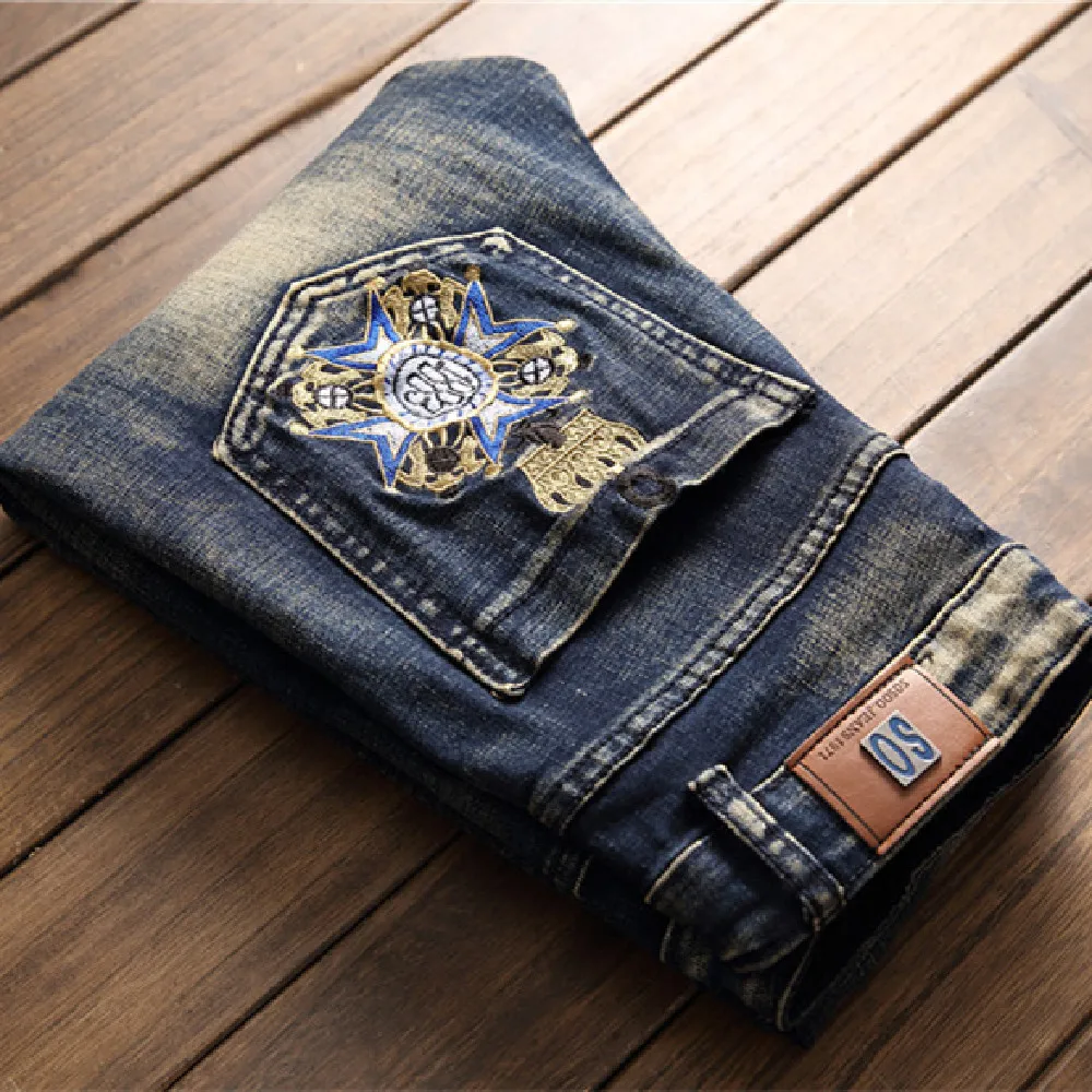 New Men's Jeans Blue Embroidery Hole Patch Jeans Fashion Trend Emblem Embroidery Trend Jeans