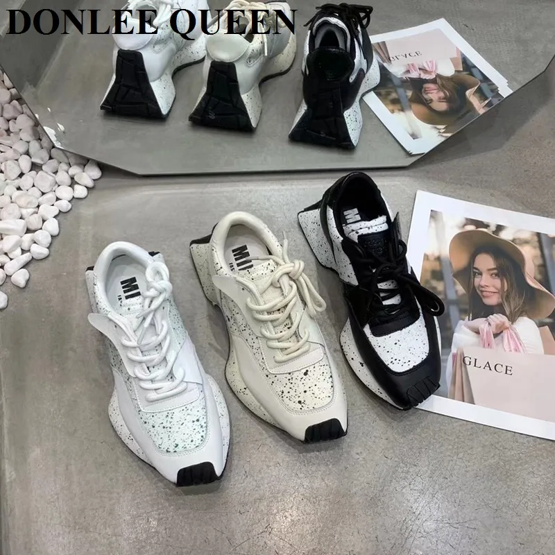 

2022 New Sneakers Shoes Women Round Toe Lace Up Genuine Leather Flat Shoes Platform Casual Stretch Female Loafer Zapatilla Mujer