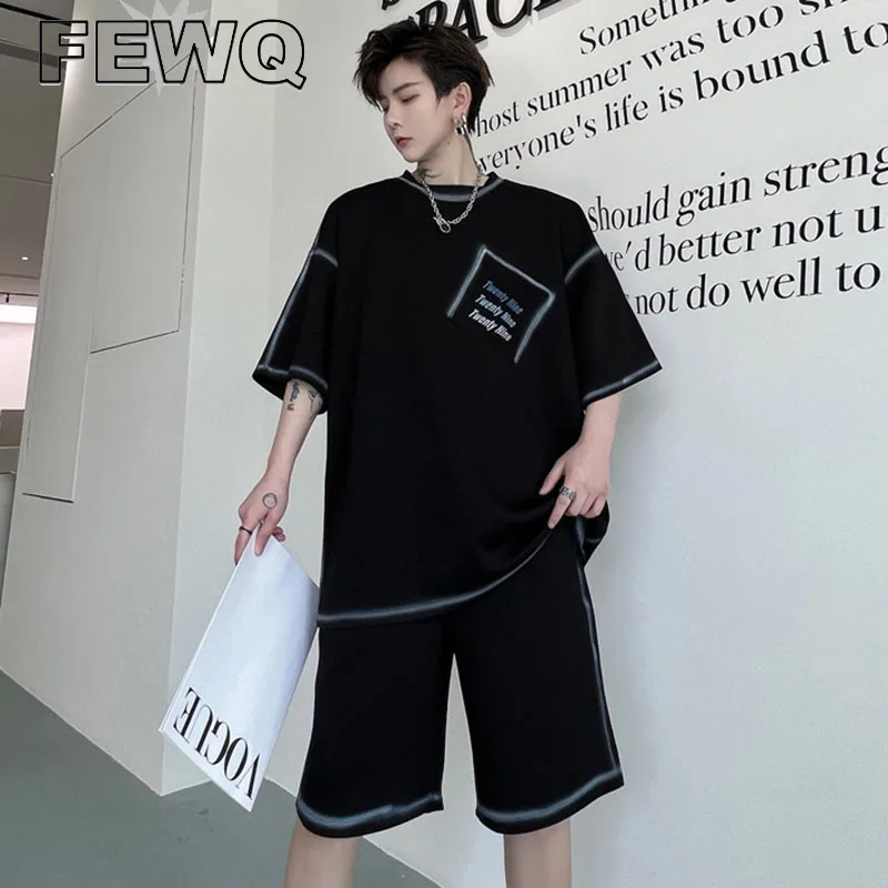 

FEWQ Summer Men's Casual Shorts Set Letters Round Collar Short Sleeve T-shirt Elastic Waist Short Pants Trendy Male Suit 9A8085
