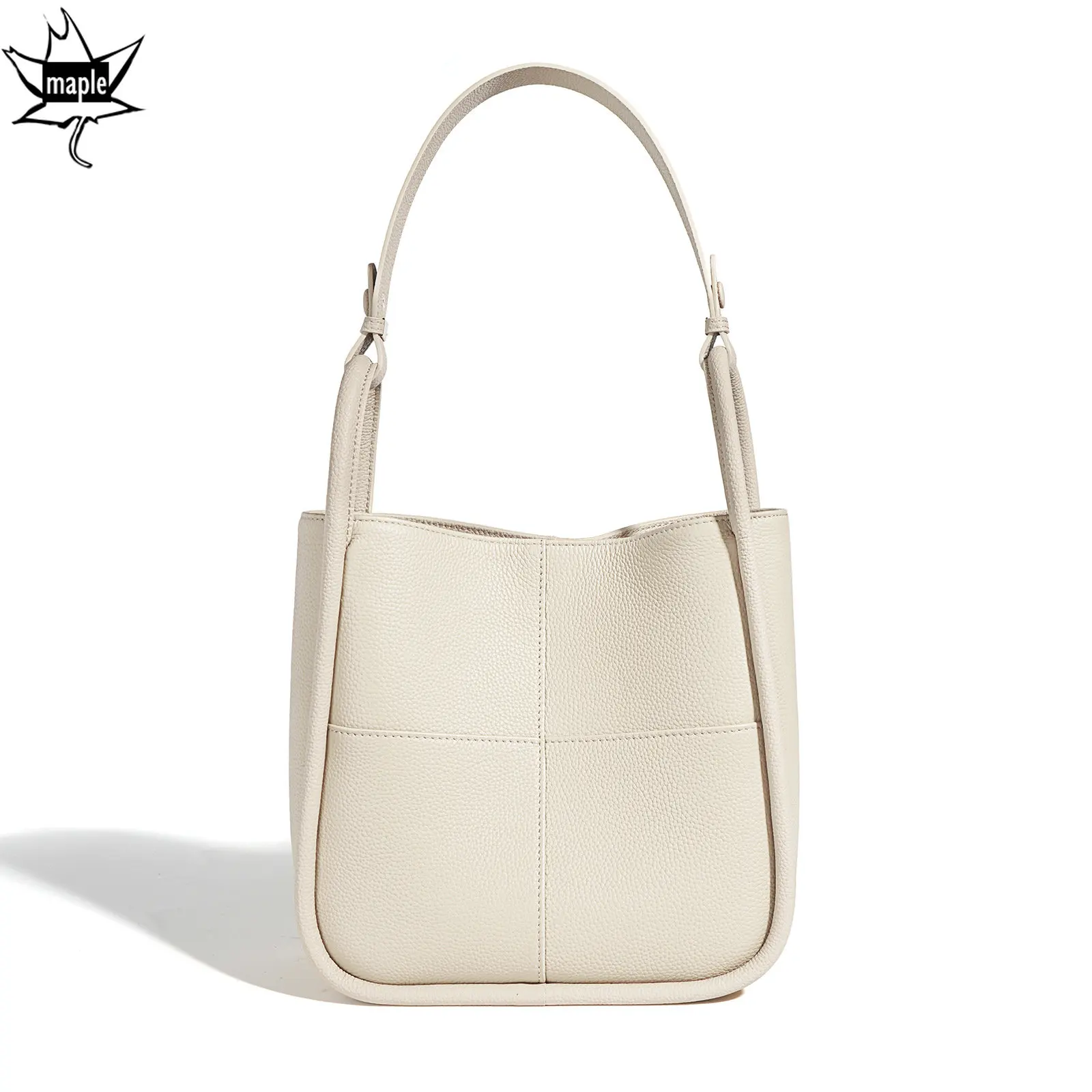 Elegant Beige Gray Plain Color Bucket Tote Luxurious 100% First Layer Cowhide Leather Women Handbag Wide Straps Shoulder Bag