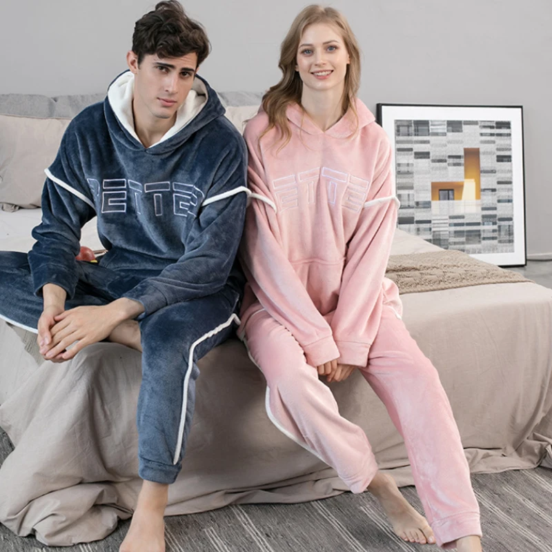2021 New Hooded Flannel Men's Pajama Pants 2 Pieces/Set Winter Thick Warm Sleepwear For Couples Casual Loose Home Costumes Set
