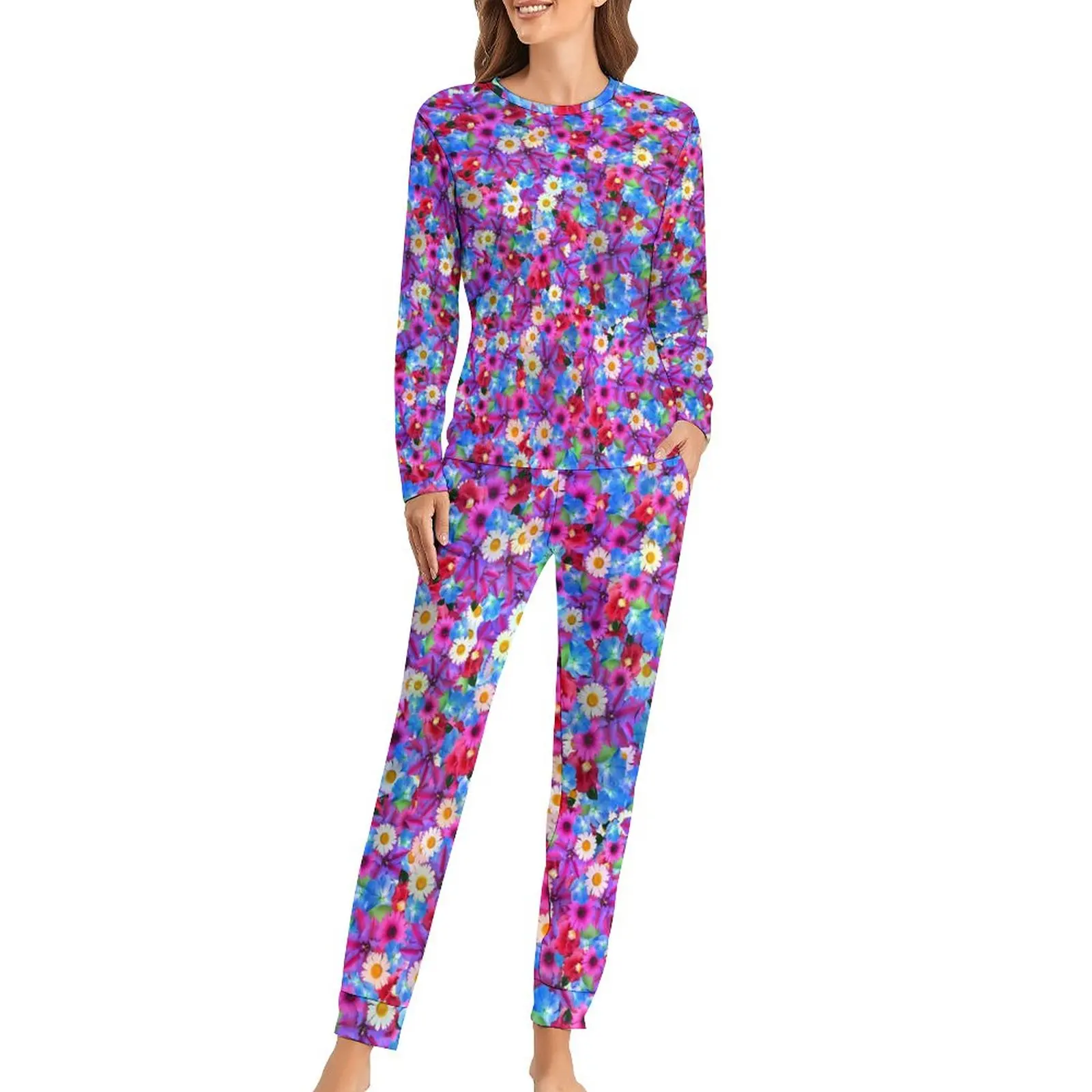 

Цветочный дизайн, пижамы, милые пижамные комплекты с цветочным рисунком, Женский комплект из 2 предметов, свободная модель большого размера, искусственная кожа, идея для подарка