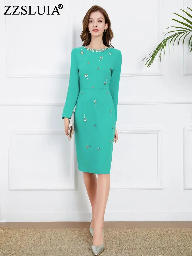 

ZZSLUIA Elegant Dresses For Women Diamonds Patchwork Designer Slim Knee Length Dress Fashion Long Sleeve One Piece Female Cloth