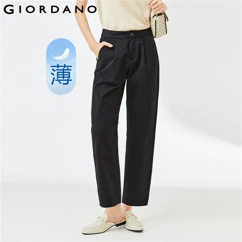 GIORDANO Women Pants Mid Rise Solid Color Cotton Simple Pants Lightweight Ankle Length Pleated Fashion Casual Pants 13423221