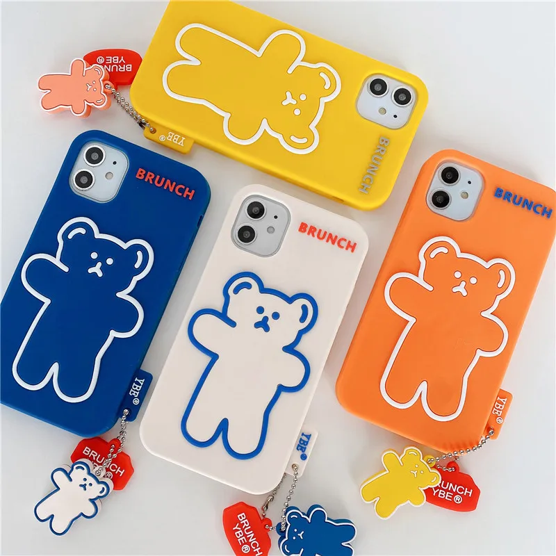 

Creative Stereo Bear Phone Case For iPhone 13 12 11 Pro Max Mini X XS XR 7 8 Plus SE Solid Color Cartoon Silicone iPhone Case