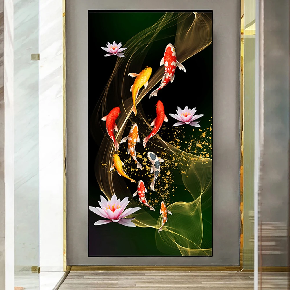 

DIY 5D Diamond Painting Fish Koi Handicrafts Diamond Embroidery Carp and Lotus Flower Scenery Cross Stitch Wall Art Home Decor