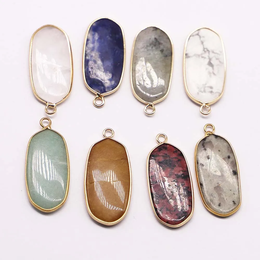 Natural Stone Crystal Agate Multicolor Oval Plane Gilt Edge Pendant Necklace Reiki Charms DIY Jewelry Accessories Wholesale 8Pcs