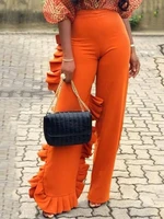 straight pant women high waist tunic patchwork ruffles pleated pants for female clothing elegant orange irregular long pants