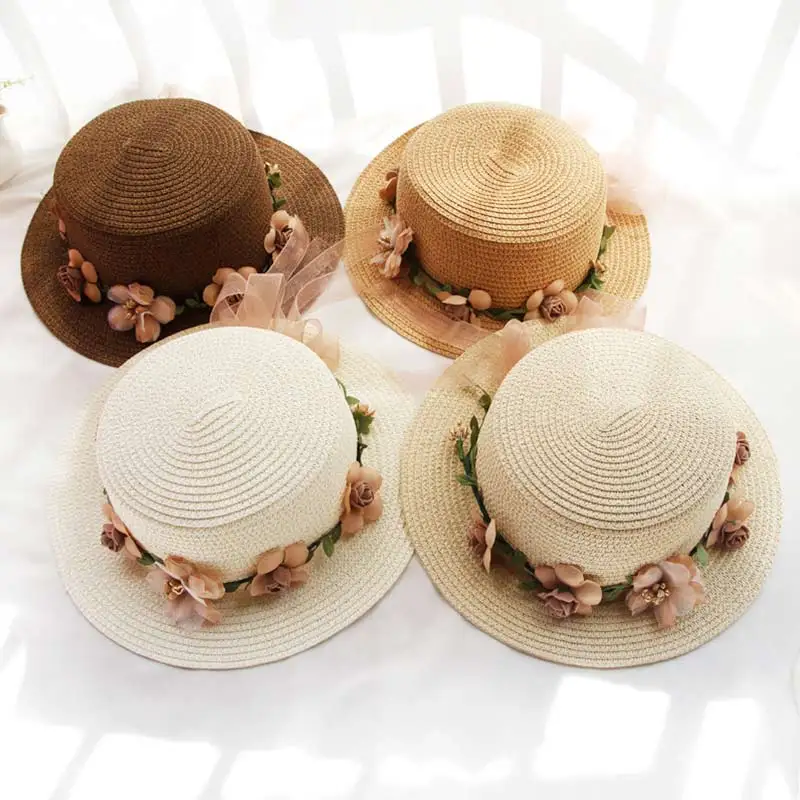 

1PC Portable Foldable Sunscreen Straw Hats Female Summer Sun Caps Wreath Decorated Straw Hat Beach Outdoor Flat Top Hat