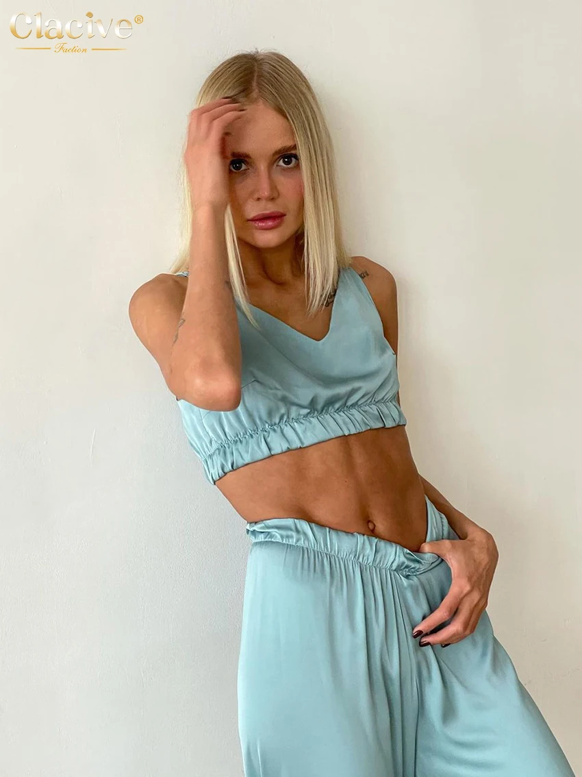 

Комплект из двух предметов Clacive Женский, пикантный укороченный топ без рукавов, атласные брюки, элегантный облегающий комплект с завышенной...