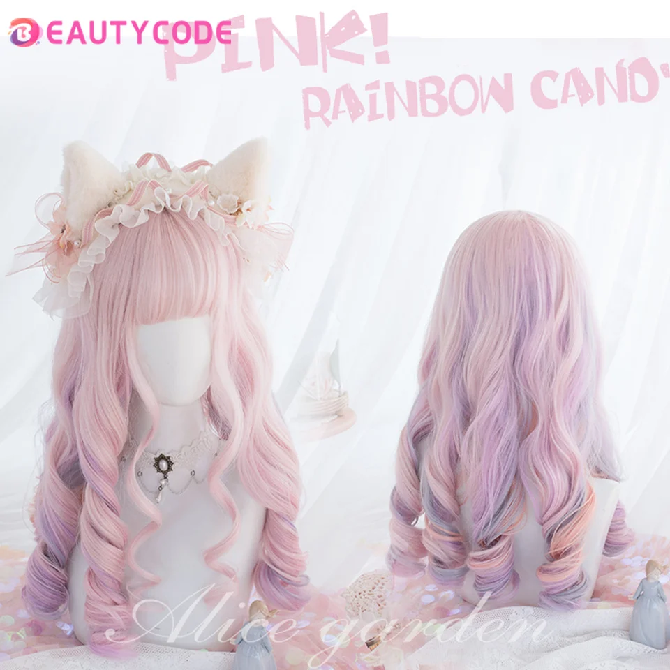 

BEAUTYCODE Wavy Hair Purple Highlight Pink Synthetic Lolita Wigs With Bangs For Women Fashion Female Cosplay Party Wigs