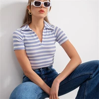 retro blue stripe women tops summer y2k polo neck shirt short sleeve v neck slim blouse korean fashion girls party clothing