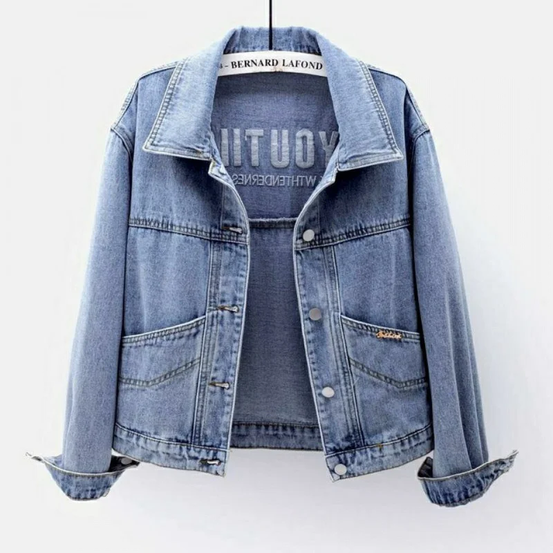 

Plus Size Embroidered Denim Jacket Women Spring Autumn Casual Long Sleeve Short Jean Jacket Streetwear Korean Loose Outerwear