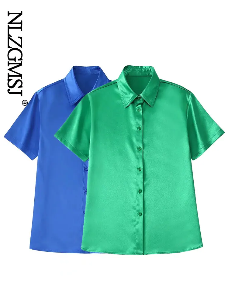 

Nlzgmsj Summer Women Satin Shirts Blouses Tops Casual Sweet Solid Short Sleeve Female Fashion Street Top Clothing 202205