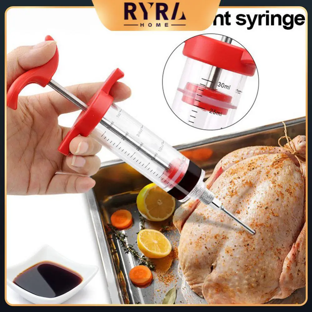 

Kitchen Sauce Marinade Syringes With Hole Handle Red Turkey Syringe Stainless Steel Needles Food Grade Barbecue Meat Syringe 68g