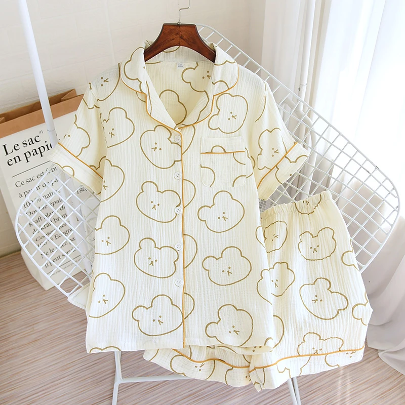 

Summer New Loungewear Crepe Cotton Pajamas Set Cartoon Bear Sleepwear Female Short-Sleeved Pijama Ladies Pyjama Women Home Suit