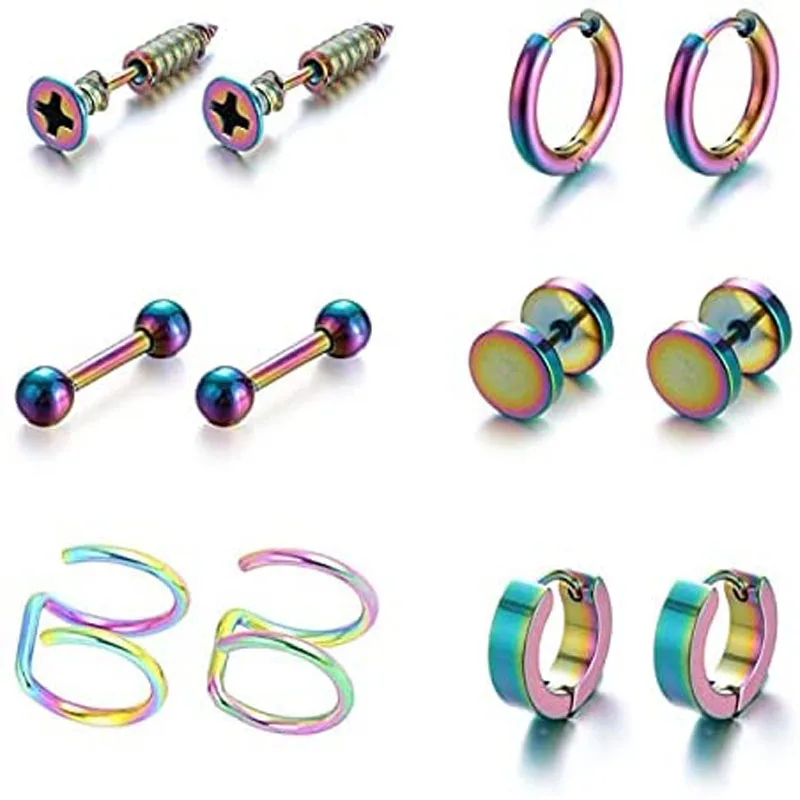 

Набор сережек-гвоздиков из нержавеющей стали для пирсинга, ювелирные украшения для прокола хрящевой ткани тела, черного цвета, 6 пар