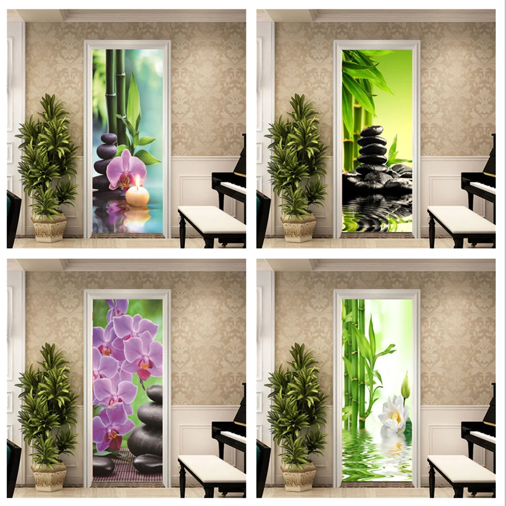 

Zen Flower Bamboo Stone 3D Door Sticker Wallpaper DIY Mural Self Adhesive Removable Waterproof Stickers Poster Home Decor Decals