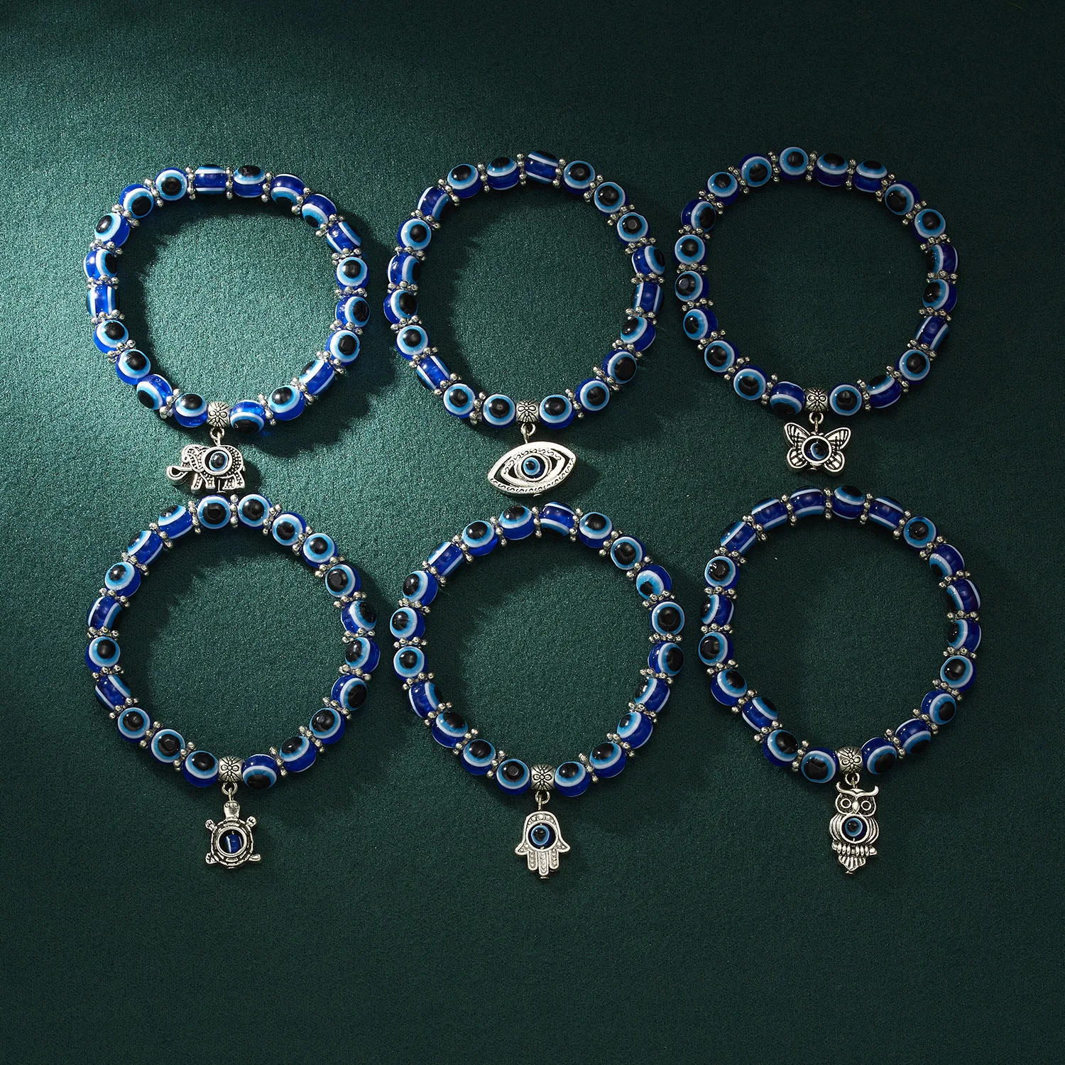 

Blue Evil Eye Palm Round Bead Bracelet Devil's Eye Wishing Elastic String Bracelet Men and Women Couple Fashion Jewelry Gift