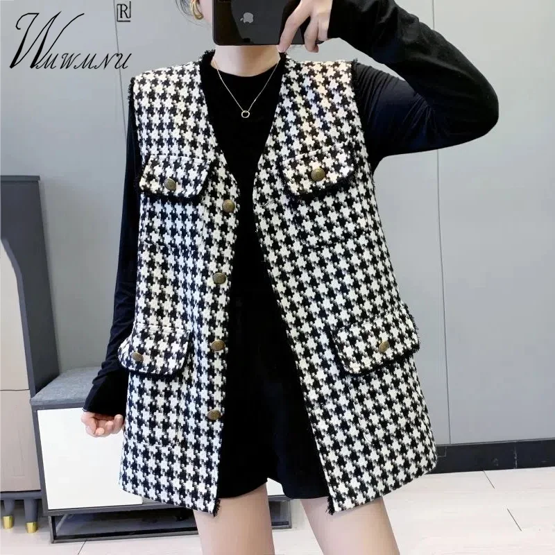 

Autumn Winter Houndstooth Vests Women Korean Fashion V-Neck Sleeveless Wool Blend Coat Vintage Mid Length Waistcoat Cardigan