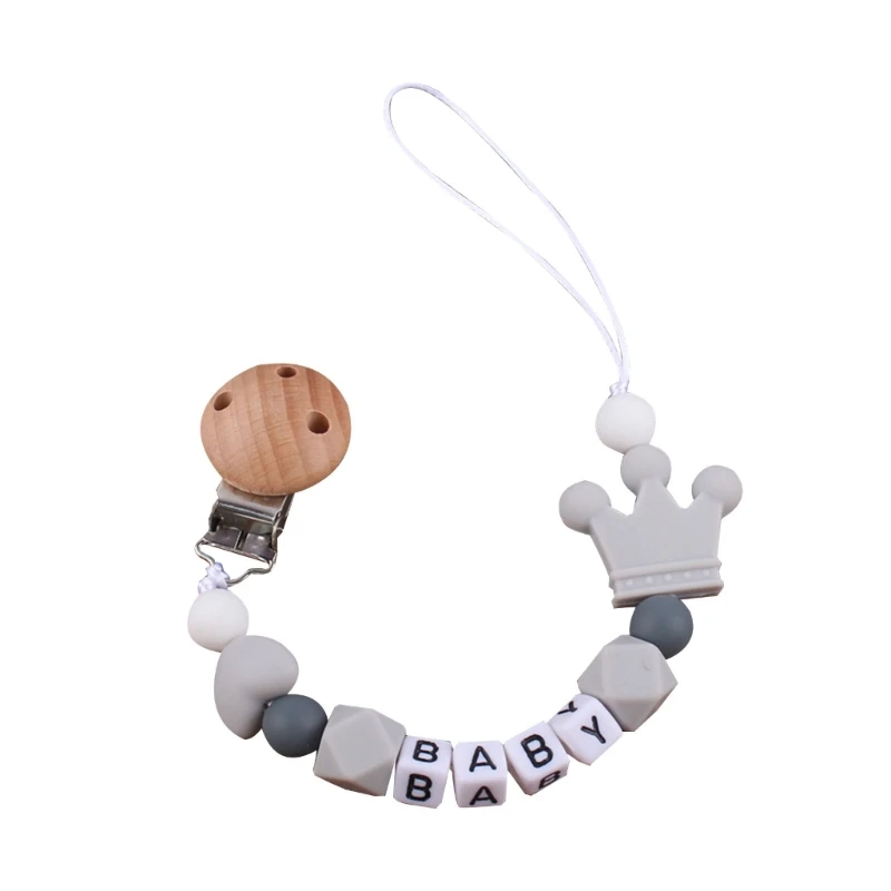 

HX5D Cute Crown Babies Teething Toy Wooden Bead Pacifier Clip Silicone Shower Gift