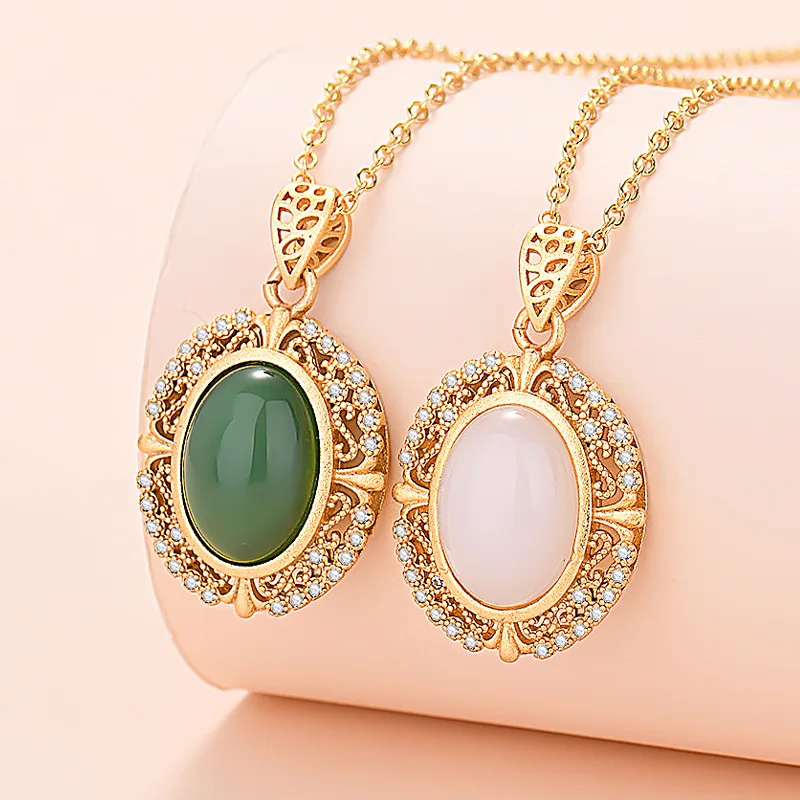 

New 2022 Designer Gold Craft Inlaid Zircon Palace Style White Jade Pendant Clavicle Chain