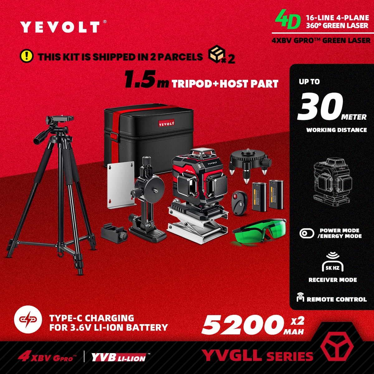 YEVOLT YVGLL4XS16PRO 16 линий 4-пластинный зеленый лазерный уровень 5,2 Ач самовыравнивающийся горизонтальный и вертикальный инструмент с дистанционным управлением