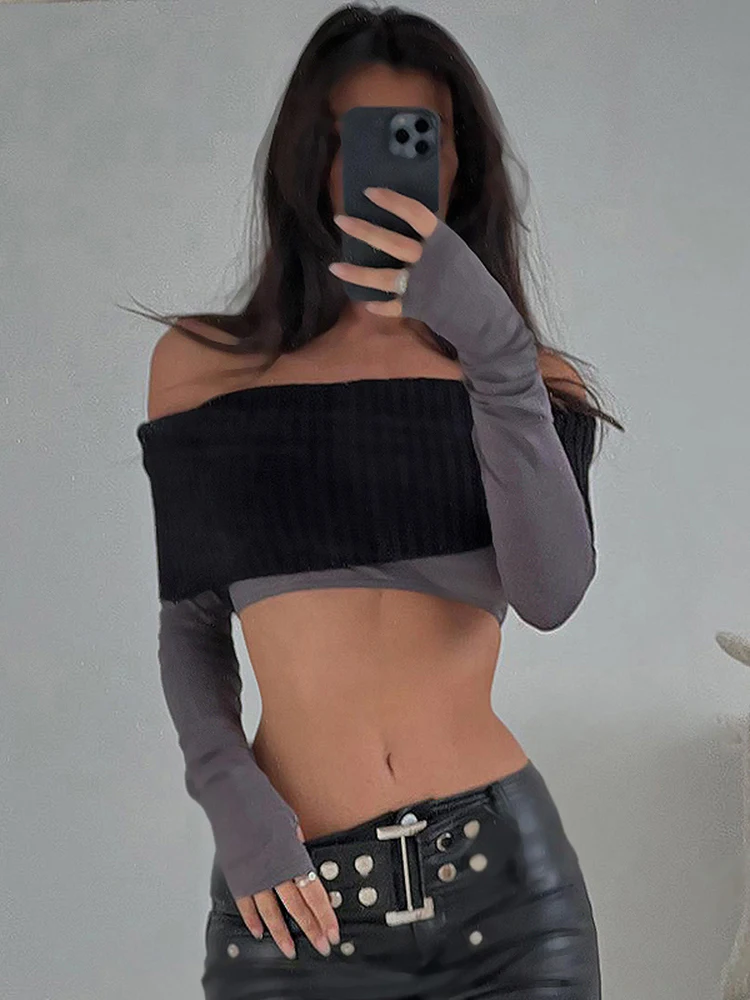 

Женский трикотажный топ с вырезом лодочкой, Элегантный Повседневный пуловер составного кроя с длинным рукавом и открытыми плечами на осень...