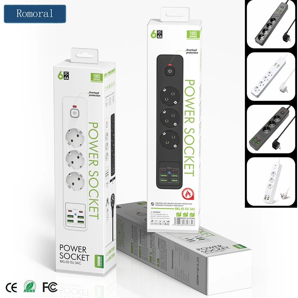 

Extension 2M Cable EU Plug Power Strip Overload Surge Protection 3000W 10A 250V Socket 4 USB 2 Type C Port HUB for Phone Tablet