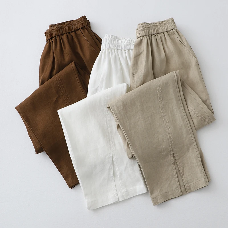 

2023 Vintage Cotton Linen Casual Pants Women's Elastic Waist Harem Pants Cropped Pants Spring Summer