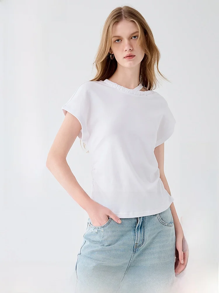 Basic House/Baijiahao облегающая плиссированная футболка с короткими рукавами новинка