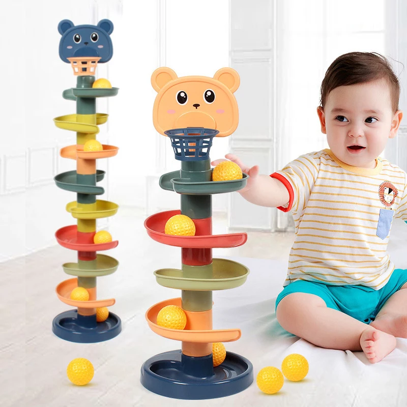 Baby Toys Rolling Ball Pile Tower Rotating Track Stacking Early Educational Montessori Toys for Kids Toddler